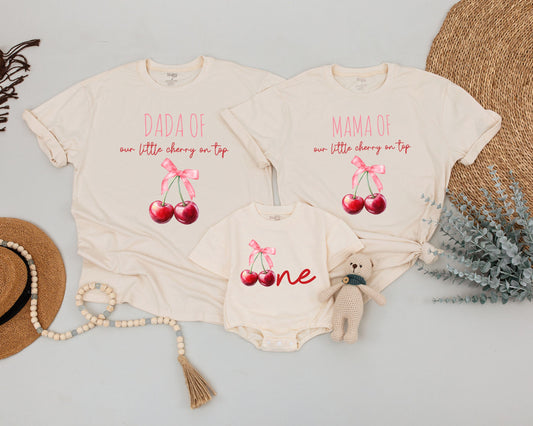 Sweet One Cherry First Birthday Matching Family Shirts Celebration Outfit Pink Ribbon Watercolor Design 1st Birthday Party Wear