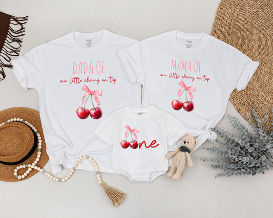 Sweet One Cherry First Birthday Matching Family Shirts Celebration Outfit Pink Ribbon Watercolor Design 1st Birthday Party Wear