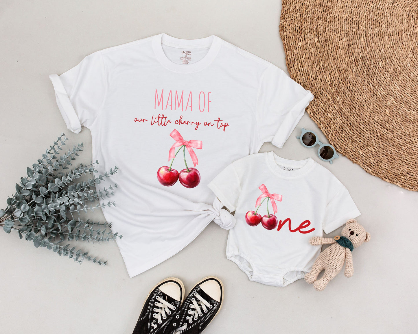 Sweet One Cherry First Birthday Matching Family Shirts Celebration Outfit Pink Ribbon Watercolor Design 1st Birthday Party Wear