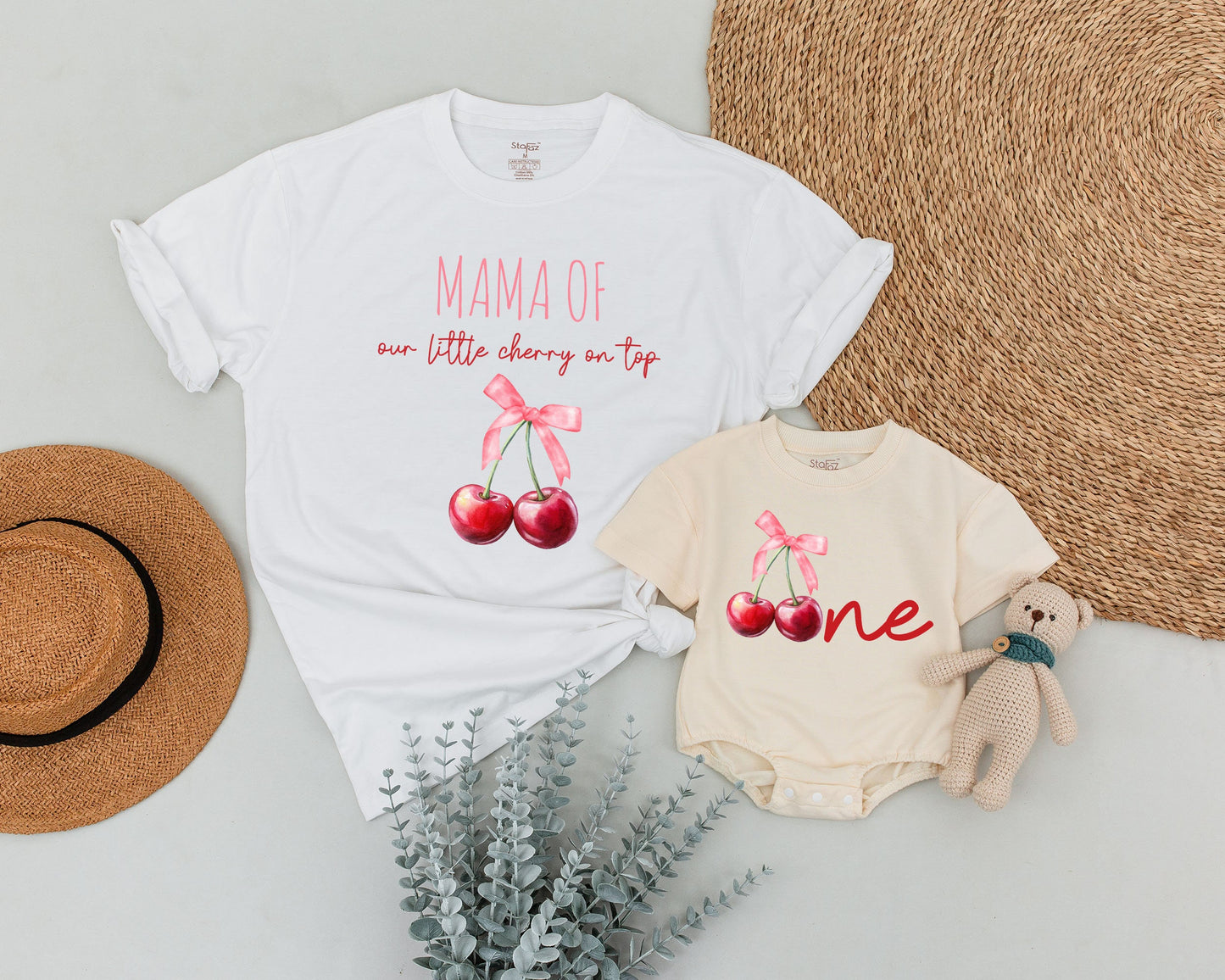 Sweet One Cherry First Birthday Matching Family Shirts Celebration Outfit Pink Ribbon Watercolor Design 1st Birthday Party Wear