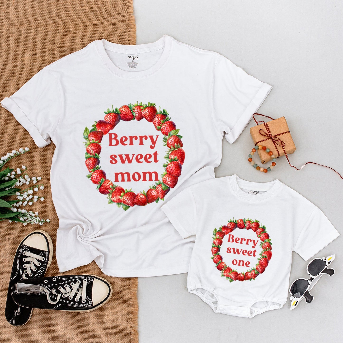 Berry Sweet One Family Matching 1st Birthday Shirts Custom Strawberry Wreath Baby Girl Bodysuit Mommy and Me Outfits