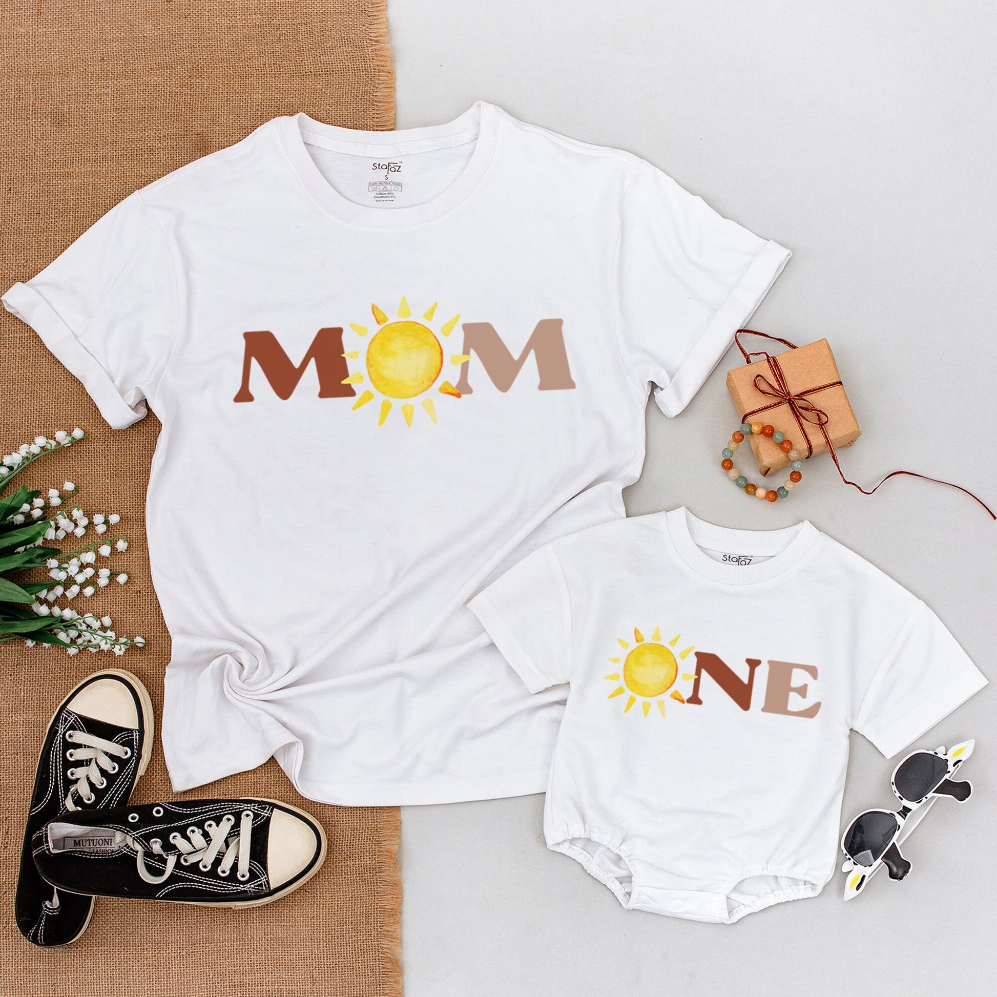First Trip Around the Sun Birthday Matching Family Shirts & Bodysuit with Cheerful Yellow Sun DAD MOM BRO ONE Block Letters Design Soft Cotton