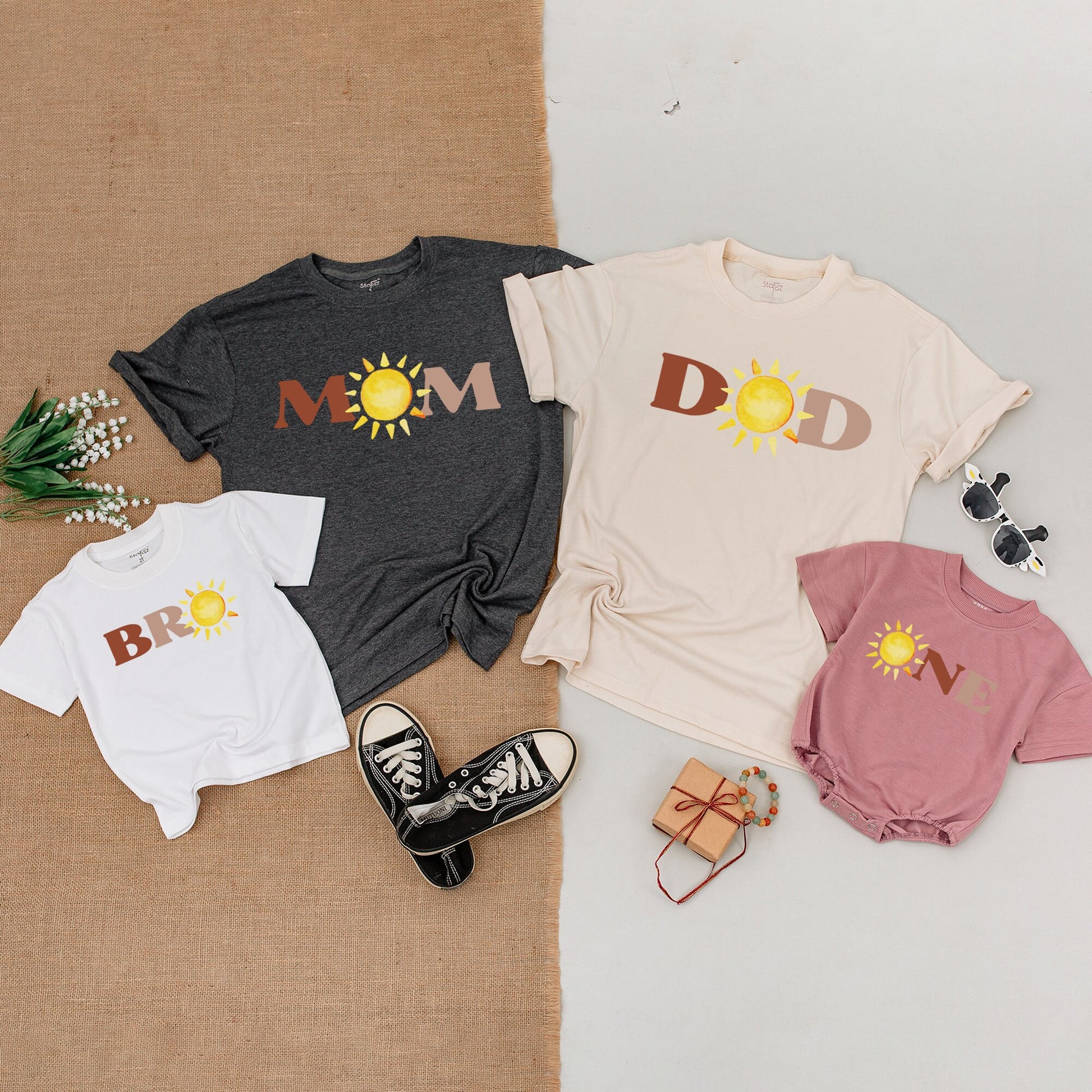First Trip Around the Sun Birthday Matching Family Shirts & Bodysuit with Cheerful Yellow Sun DAD MOM BRO ONE Block Letters Design Soft Cotton