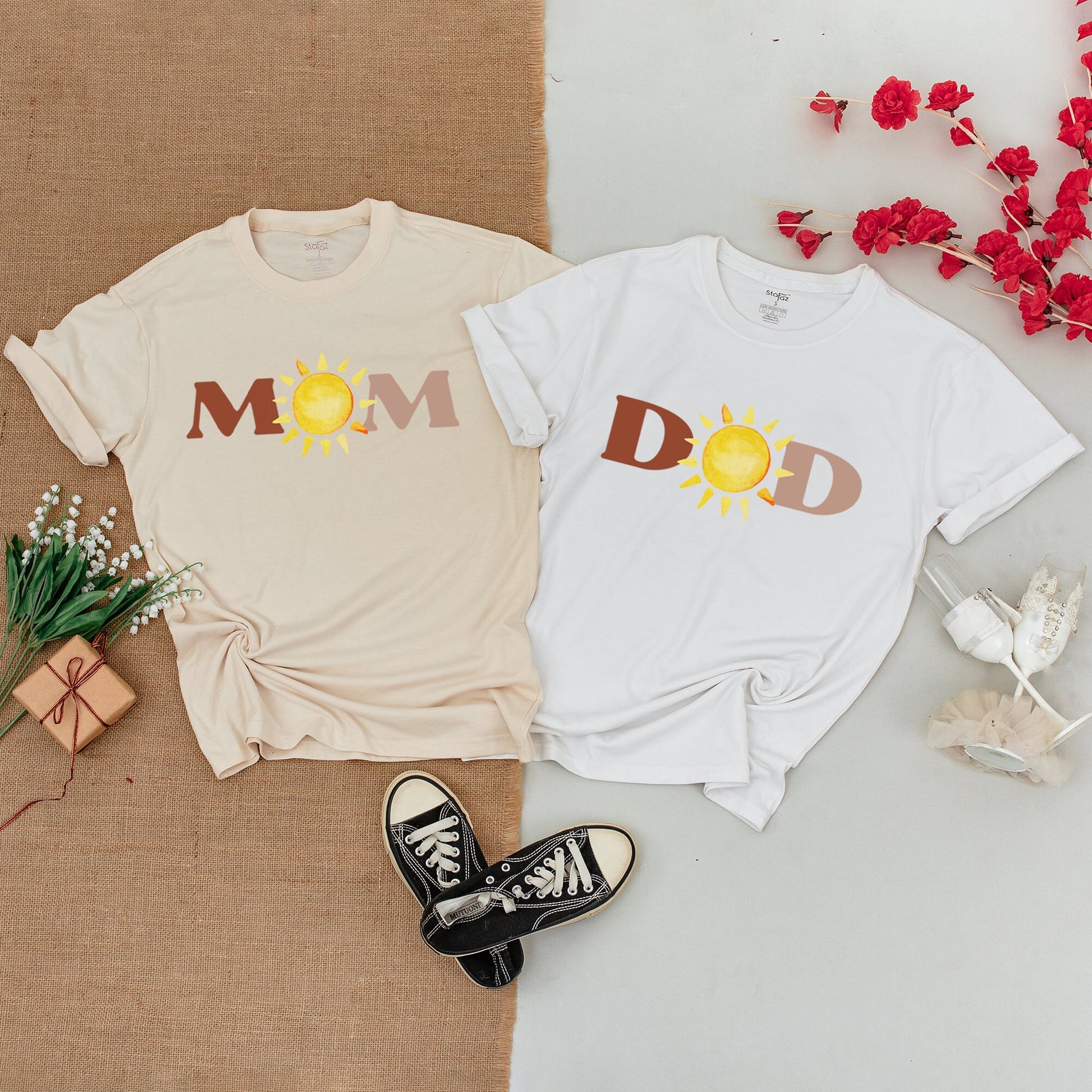 First Trip Around the Sun Birthday Matching Family Shirts & Bodysuit with Cheerful Yellow Sun DAD MOM BRO ONE Block Letters Design Soft Cotton