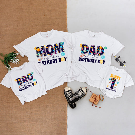 Personalized Space Birthday Matching Family Shirts & Bodysuit for 1st Trip Around The Sun, Whimsical Planets, Rockets, Stars for Mom Dad Bro Birthday Boy Jonas #1