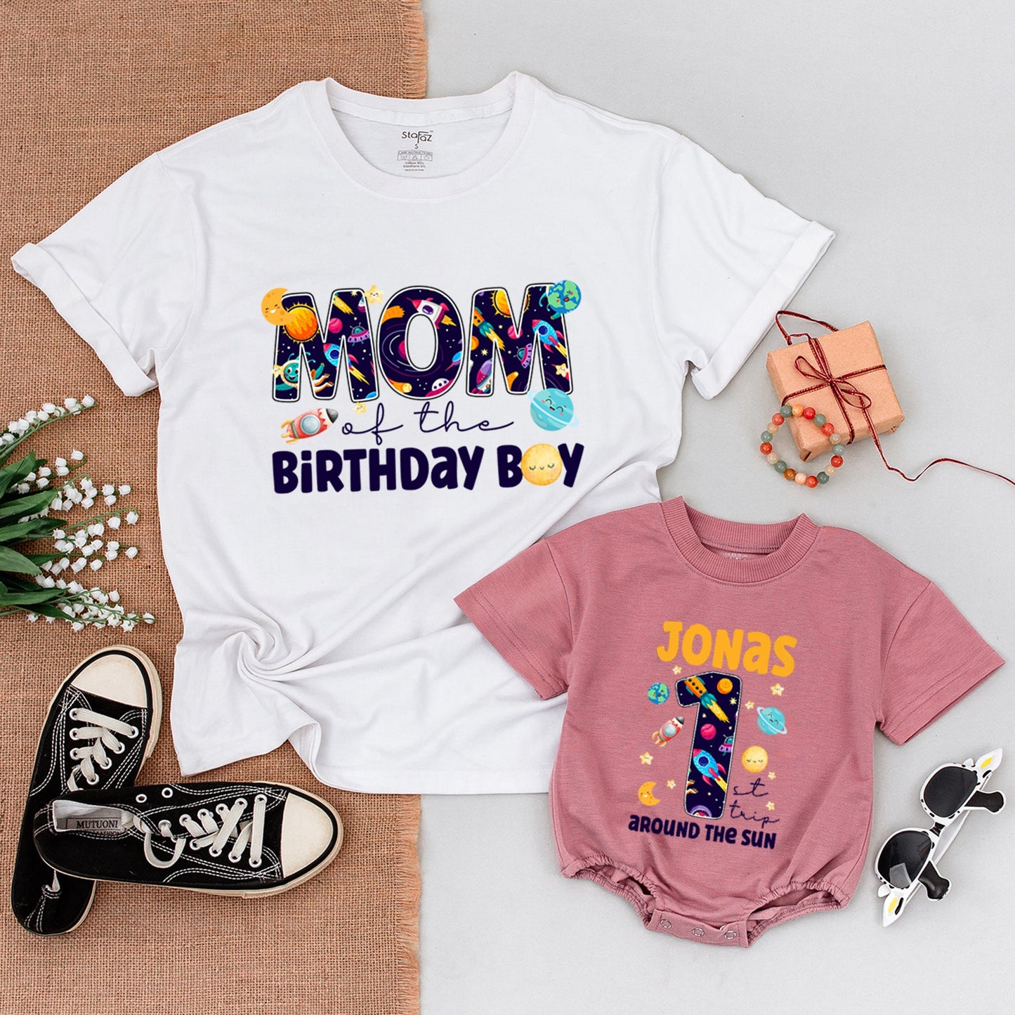 Personalized Space Birthday Matching Family Shirts & Bodysuit for 1st Trip Around The Sun, Whimsical Planets, Rockets, Stars for Mom Dad Bro Birthday Boy Jonas #1