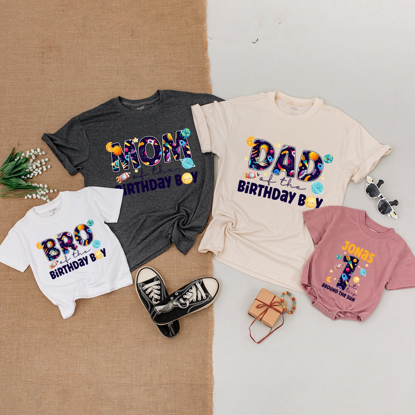 Personalized Space Birthday Matching Family Shirts & Bodysuit for 1st Trip Around The Sun, Whimsical Planets, Rockets, Stars for Mom Dad Bro Birthday Boy Jonas #1
