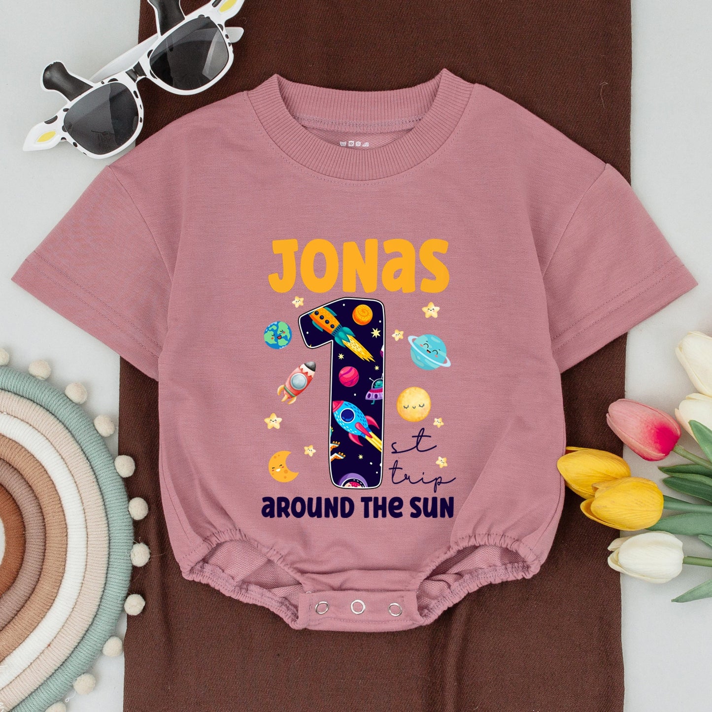 Personalized Space Birthday Matching Family Shirts & Bodysuit for 1st Trip Around The Sun, Whimsical Planets, Rockets, Stars for Mom Dad Bro Birthday Boy Jonas #1