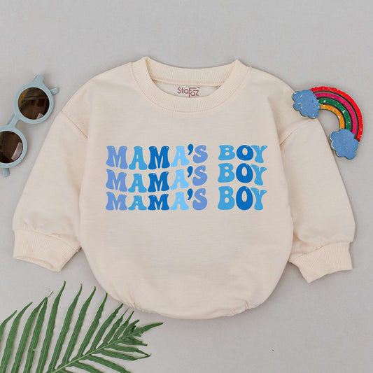 Mama's Boy Retro Bubble Font Blue Baby Boy Romper Bodysuit Cheerful Stacked Design Soft Newborn Infant Outfit Mother's Day Gift