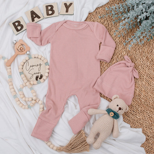 Soft Plain Neutral Baby Bodysuit and Hat Set Long Sleeve Cotton Newborn Infant Coming Home Outfit Baby Shower Gift Blank Announcement Outfit