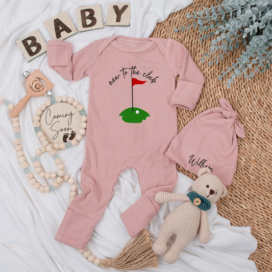 New to the Club Baby Golf Bodysuit & Hat Set Green Flag Design Newborn Coming Home Outfit Baby Shower Gift Long Sleeve Infant Apparel