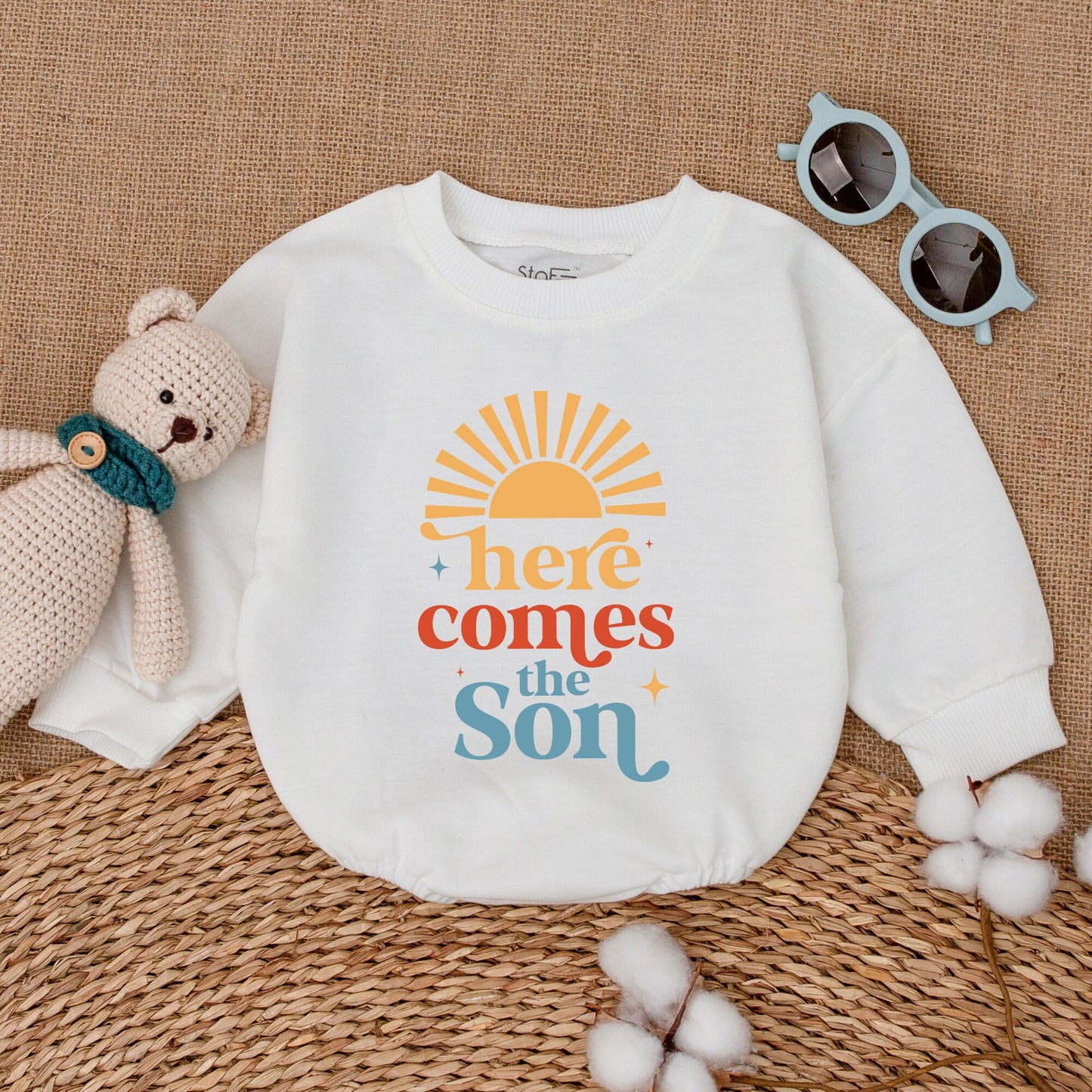 Here Comes the Son Romper Retro Sunshine Baby Bodysuit Minimalist Newborn Coming Home Outfit Playful Yellow Orange Blue Summer Starburst Design
