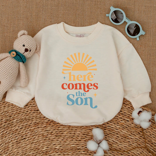 Here Comes the Son Romper Retro Sunshine Baby Bodysuit Minimalist Newborn Coming Home Outfit Playful Yellow Orange Blue Summer Starburst Design