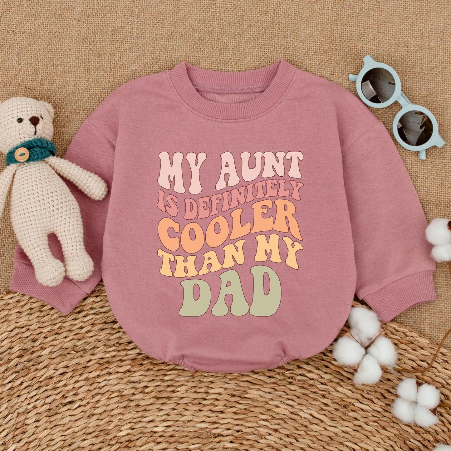 My Aunt is Definitely Cooler Than My Dad Retro Baby Romper, Vintage Auntie's Bestie Bodysuit with Bubbly Font Design, Cool Aunt Shower Gift
