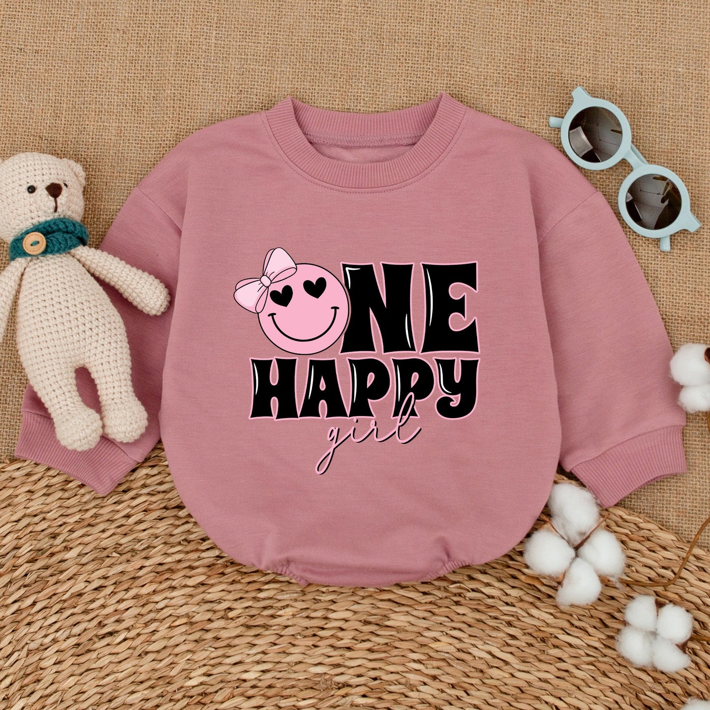 One Happy Girl Romper Matching Family Birthday Outfit Pink Smiley Face Bow Heart Eye Cake Smash Baby Girl Bodysuit Comfortable Soft Cotton