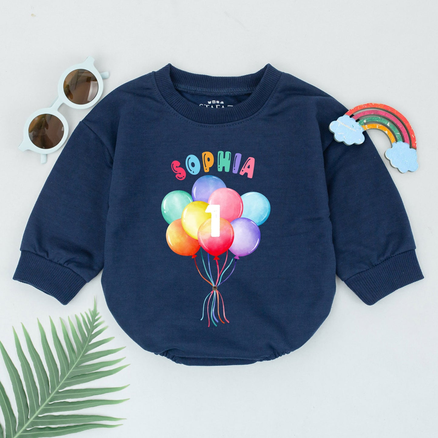 Personalized First Birthday Romper Whimsical Multicolored Balloons Number 1 Baby Girl Bodysuit Comfortable Celebration Outfit Bubble Design Gift