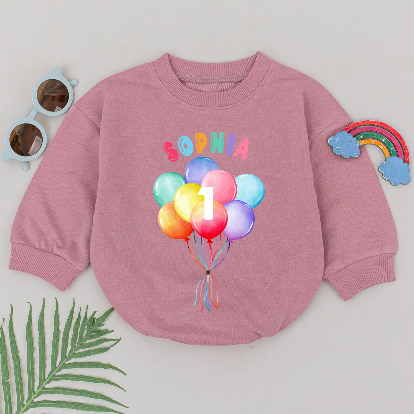 Personalized First Birthday Romper Whimsical Multicolored Balloons Number 1 Baby Girl Bodysuit Comfortable Celebration Outfit Bubble Design Gift