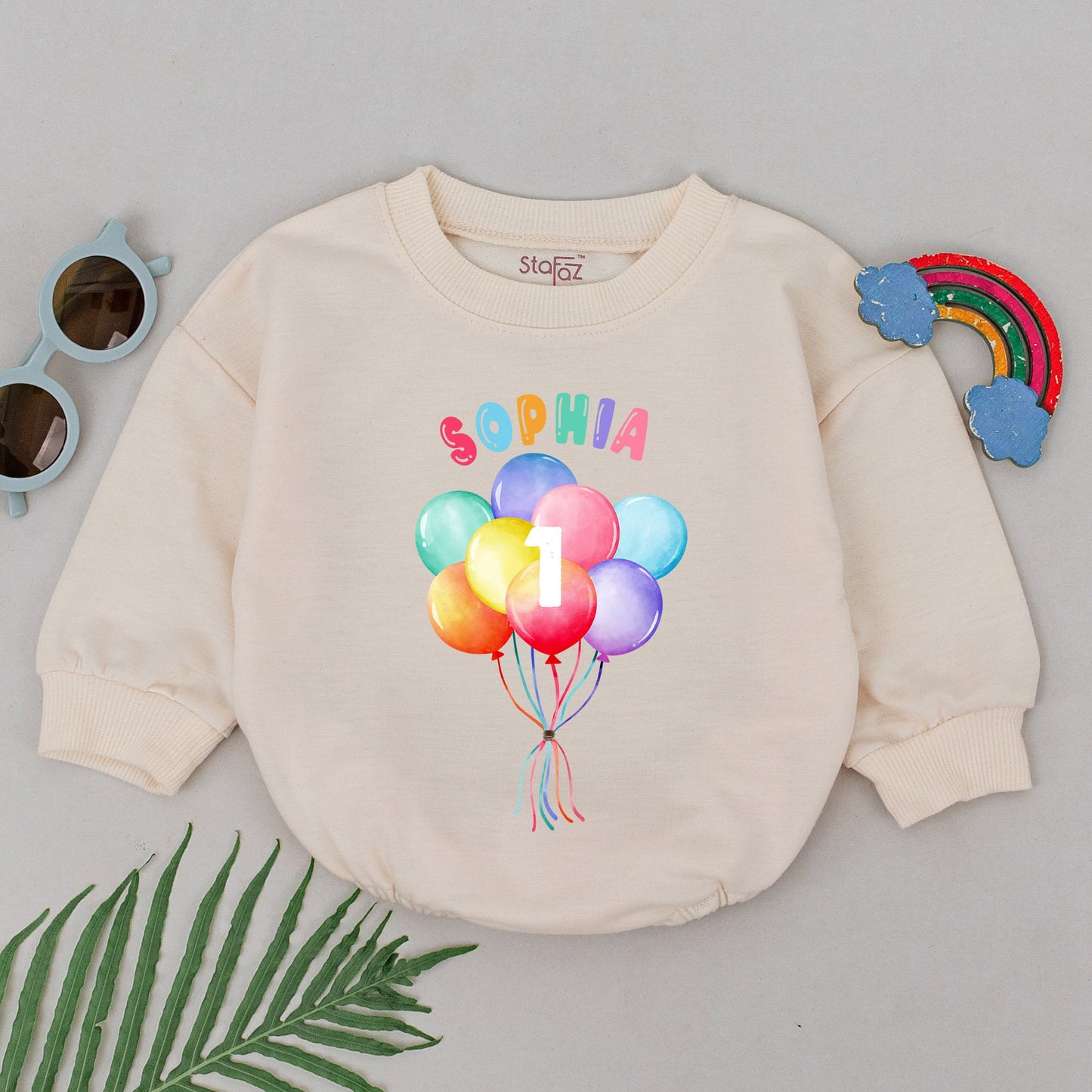 Personalized First Birthday Romper Whimsical Multicolored Balloons Number 1 Baby Girl Bodysuit Comfortable Celebration Outfit Bubble Design Gift