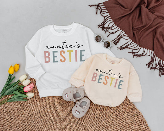Auntie Bestie Matching Sweatshirts Playful Pastel Block Cursive Print Aunt Niece Nephew Gift First Time Auntie Me Family Outfit Mothers Day