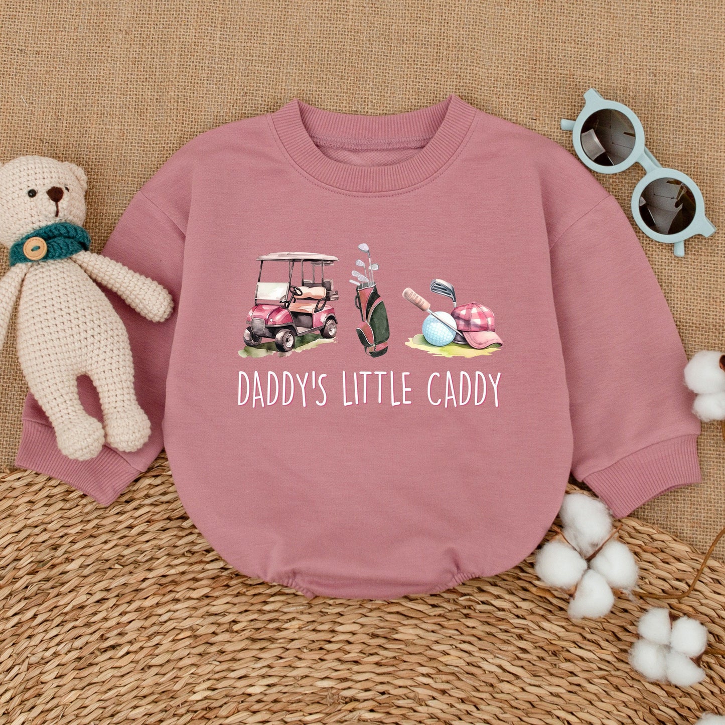 Pink Golf Cart Daddy's Little Caddy Romper for Baby Girl, Cute Golfing Bodysuit with Plaid Cap, Perfect Father's Day Baby Shower Gift