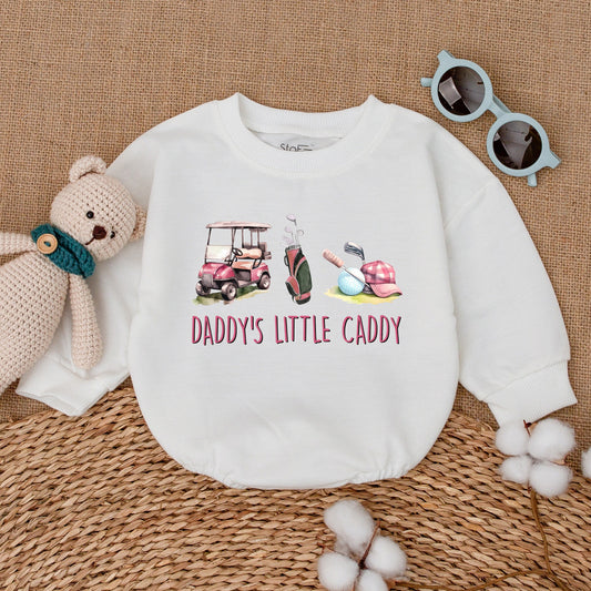 Pink Golf Cart Daddy's Little Caddy Romper for Baby Girl, Cute Golfing Bodysuit with Plaid Cap, Perfect Father's Day Baby Shower Gift