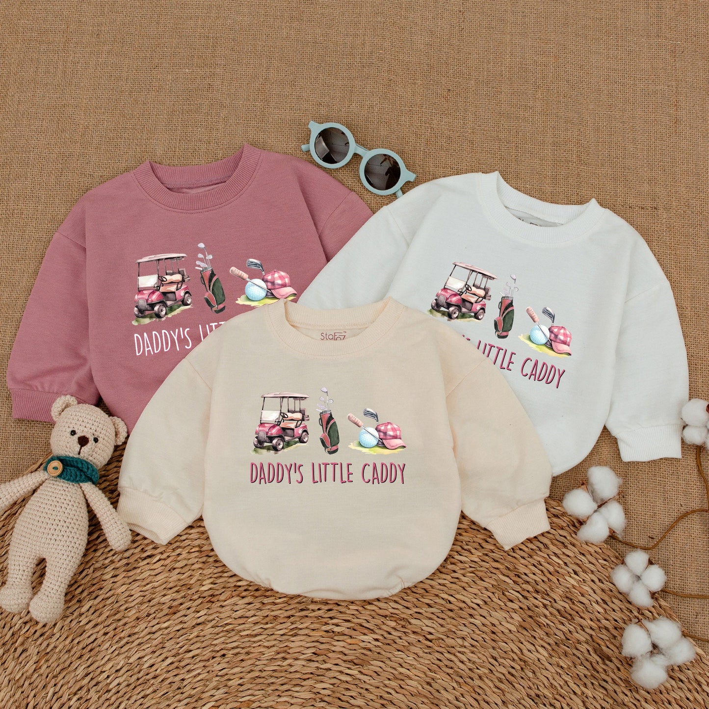 Pink Golf Cart Daddy's Little Caddy Romper for Baby Girl, Cute Golfing Bodysuit with Plaid Cap, Perfect Father's Day Baby Shower Gift