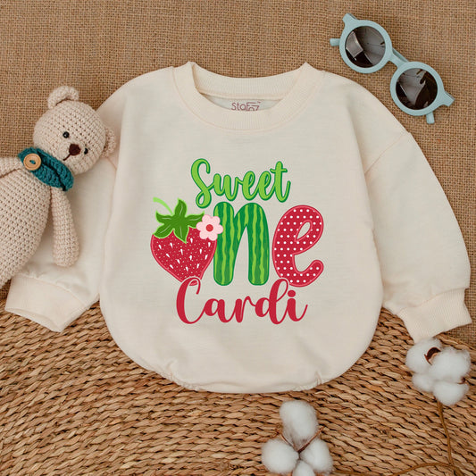 Personalized Sweet One Strawberry Birthday Bubble Romper Baby Girl First Birthday Smash Cake Outfit Playful Fruit Design Green Red Script Baby Shower Gift