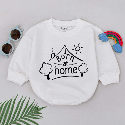 Born at Home Romper Sweet Hand-Drawn House Sun Design Newborn Baby Girl Boy Outfit for Natural Homebirth Water Birth Announcement Gift