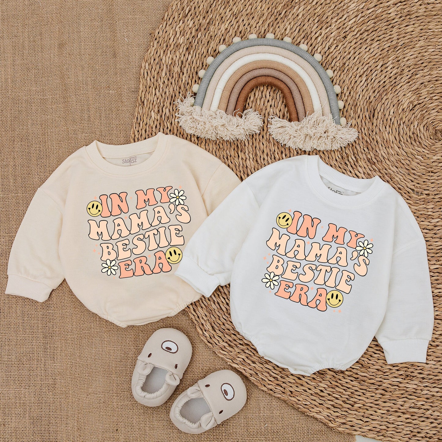 My Mama's Bestie Era Baby Girl Romper Cheerful Vintage Smiley Daisy Outfit Soft Cotton Bodysuit Sweet Mother's Day Gift