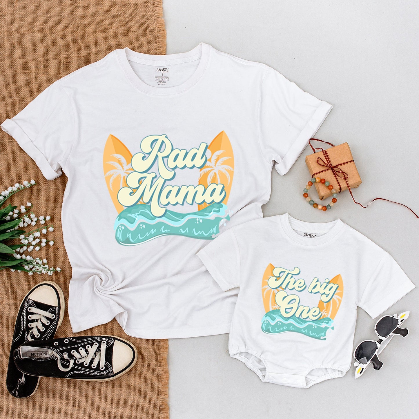 The Big One First Birthday Surf Family Matching Outfits Rad Daddy Mommy and Me Bodysuit Shirt Vintage Retro Beach Party Wave Design Celebration