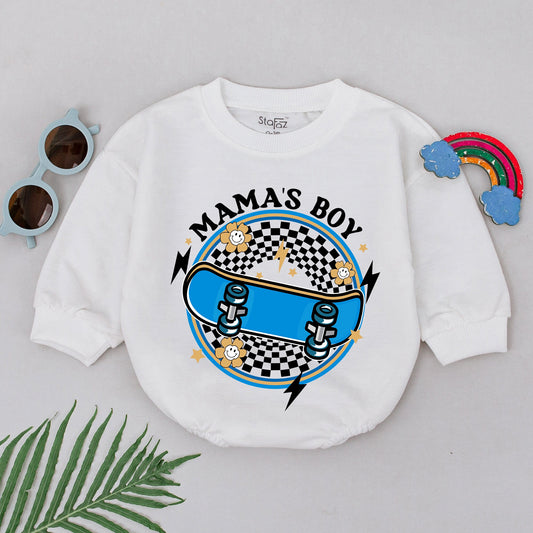 Mama's Boy Baby Romper Blue Skateboard Checkered Design Playful Lightning Star Smiley Face Newborn Bodysuit Outfit Little Boy Gift