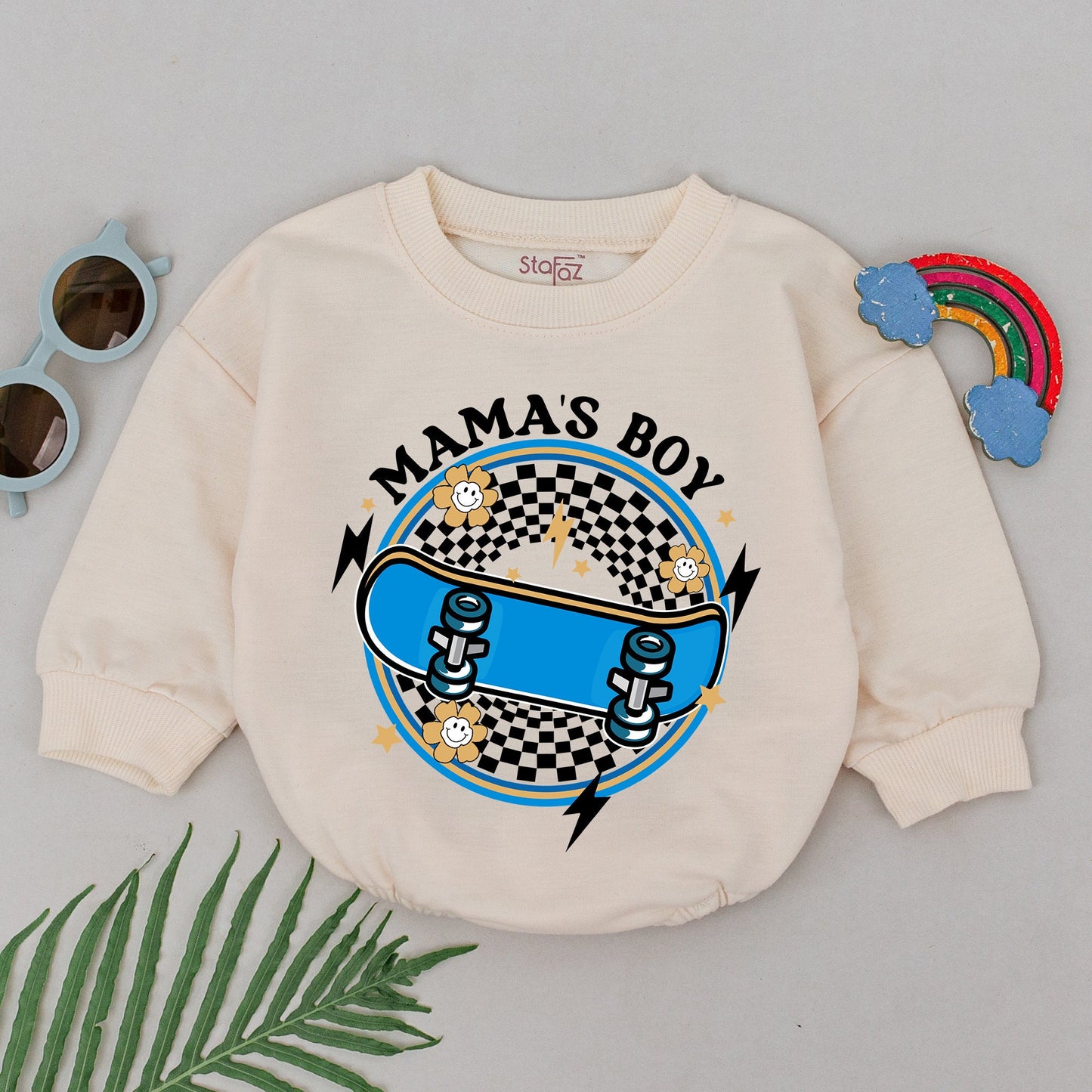 Mama's Boy Baby Romper Blue Skateboard Checkered Design Playful Lightning Star Smiley Face Newborn Bodysuit Outfit Little Boy Gift
