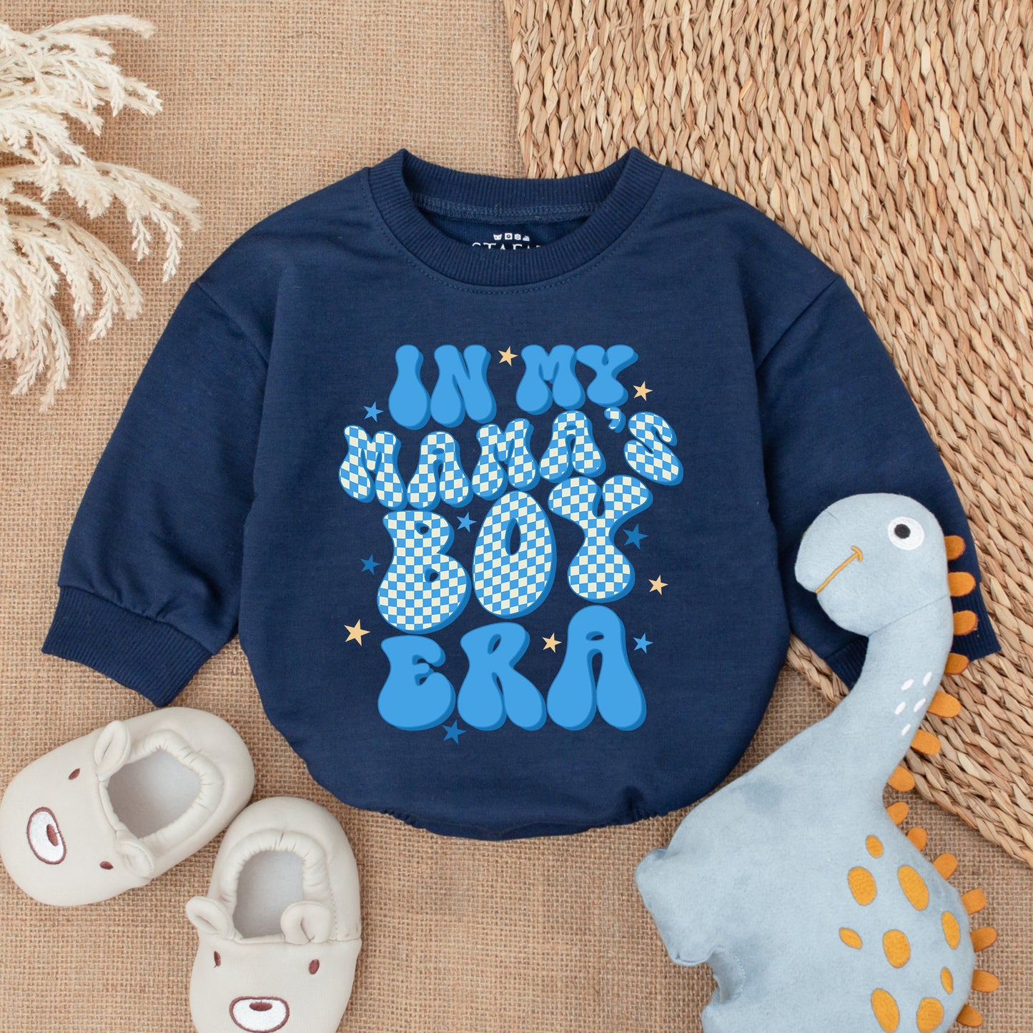 My Mama's Boy Era Retro Romper for Baby Boy featuring Blue Checkerboard Mama's Boy Bodysuit Playful Star Design Comfortable Cotton Outfit Gift Idea