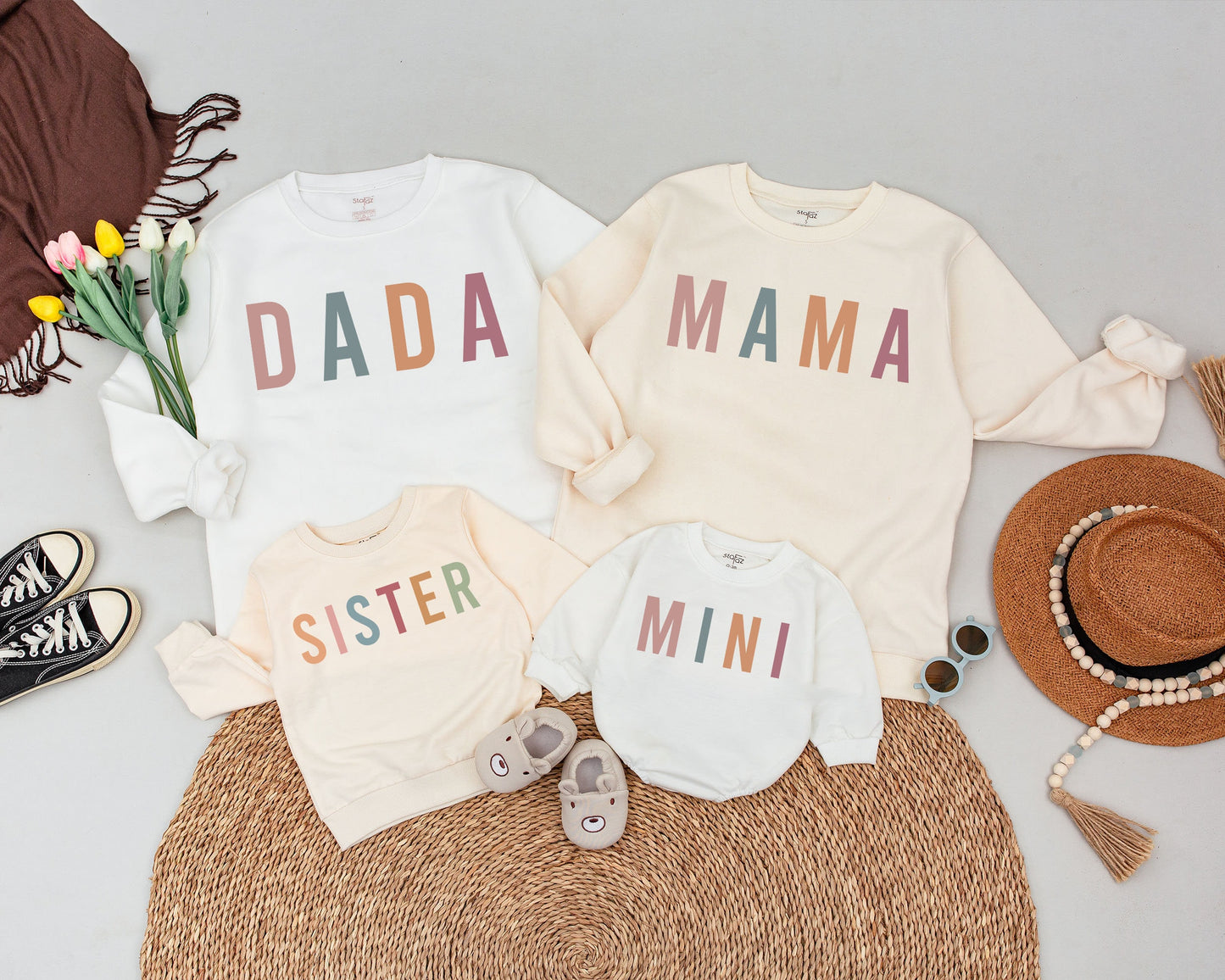 Mama and Mini Matching Sweatshirts Stacked Colorful Letters Mom Daughter Cozy Fall Halloween Thanksgiving Outfit Modern Retro Style
