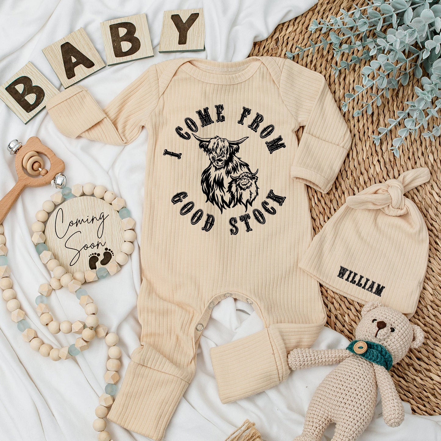 Highland Cow Baby Bodysuit Hat Set I Come From Good Stock William Newborn Infant Shower Gift Rustic Charming Long Sleeve Outfit