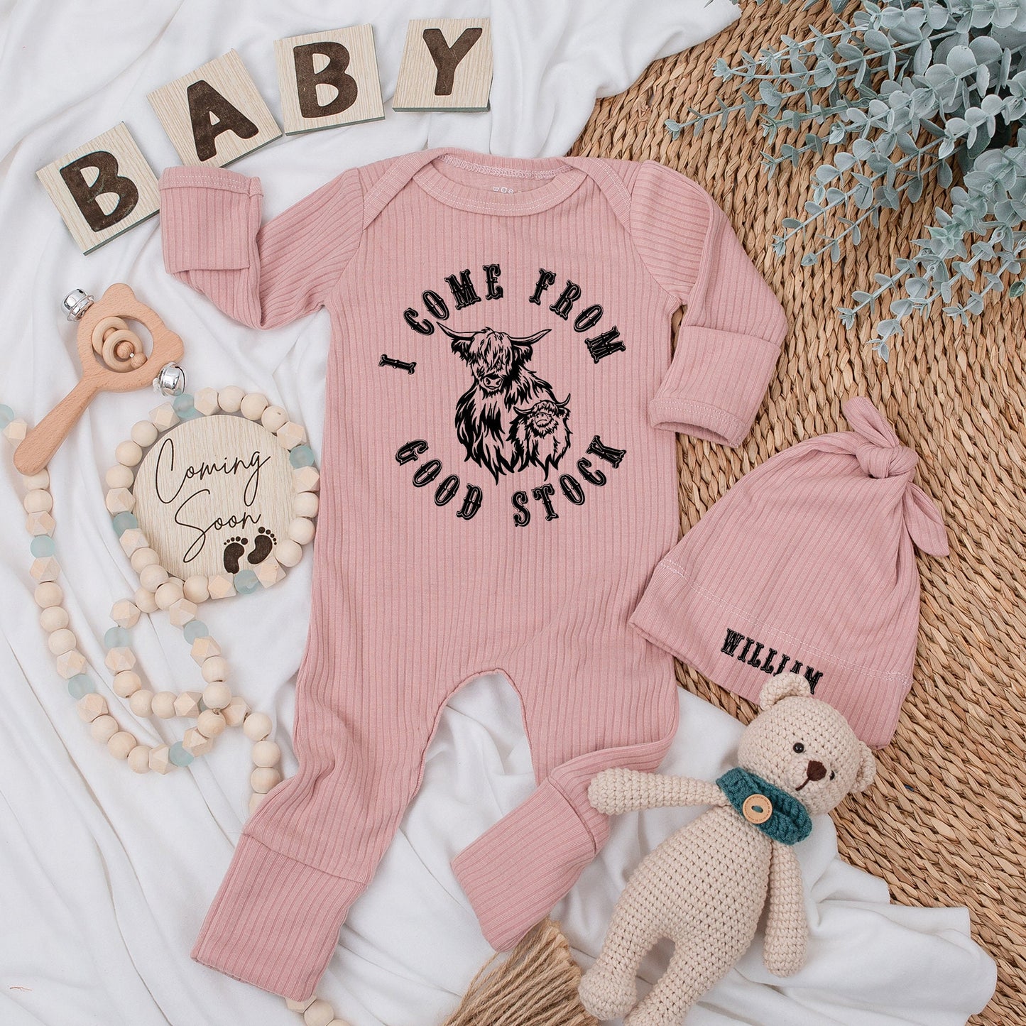 Highland Cow Baby Bodysuit Hat Set I Come From Good Stock William Newborn Infant Shower Gift Rustic Charming Long Sleeve Outfit