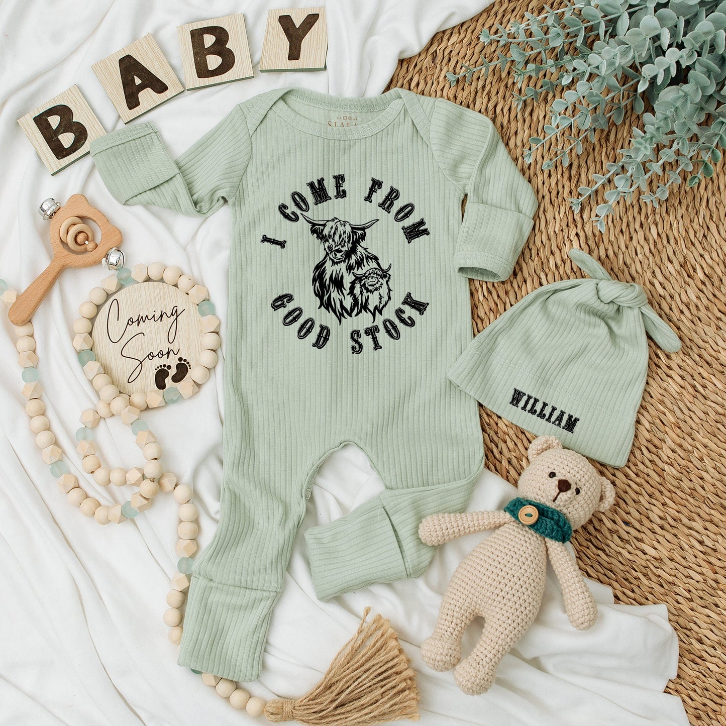 Highland Cow Baby Bodysuit Hat Set I Come From Good Stock William Newborn Infant Shower Gift Rustic Charming Long Sleeve Outfit