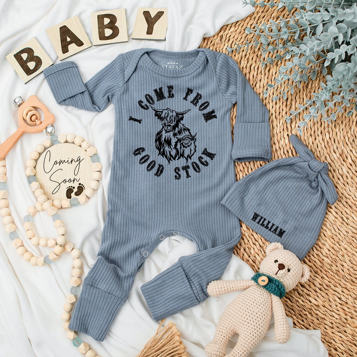 Highland Cow Baby Bodysuit Hat Set I Come From Good Stock William Newborn Infant Shower Gift Rustic Charming Long Sleeve Outfit