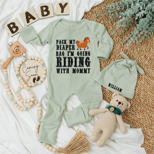 Personalized Western Horse Baby Bodysuit Hat Set Pack My Diaper Bag I'm Going Riding with Mommy Newborn Infant Funny Equestrian Country Outfit Gift Brown Black Design