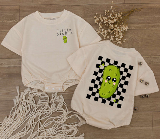 Cute Little Pickle Baby Romper Bodysuit with Whimsical Green Cartoon Face & Checkerboard Pattern Funny Vegan Infant Jumpsuit Gift