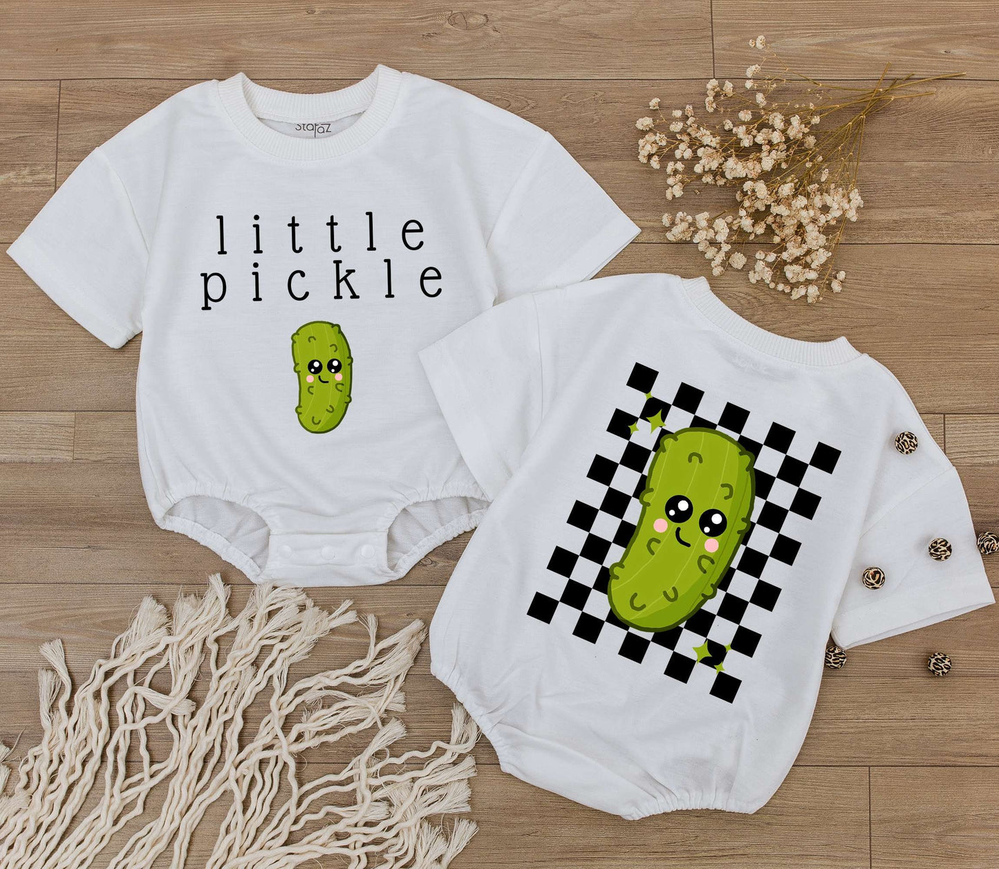 Cute Little Pickle Baby Bodysuit with Funny Green Cartoon Pickle Character and Checkered Star Design Playful Vegan Infant Jumpsuit Gift