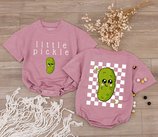 Cute Little Pickle Baby Bodysuit with Funny Green Cartoon Pickle Character and Checkered Star Design Playful Vegan Infant Jumpsuit Gift