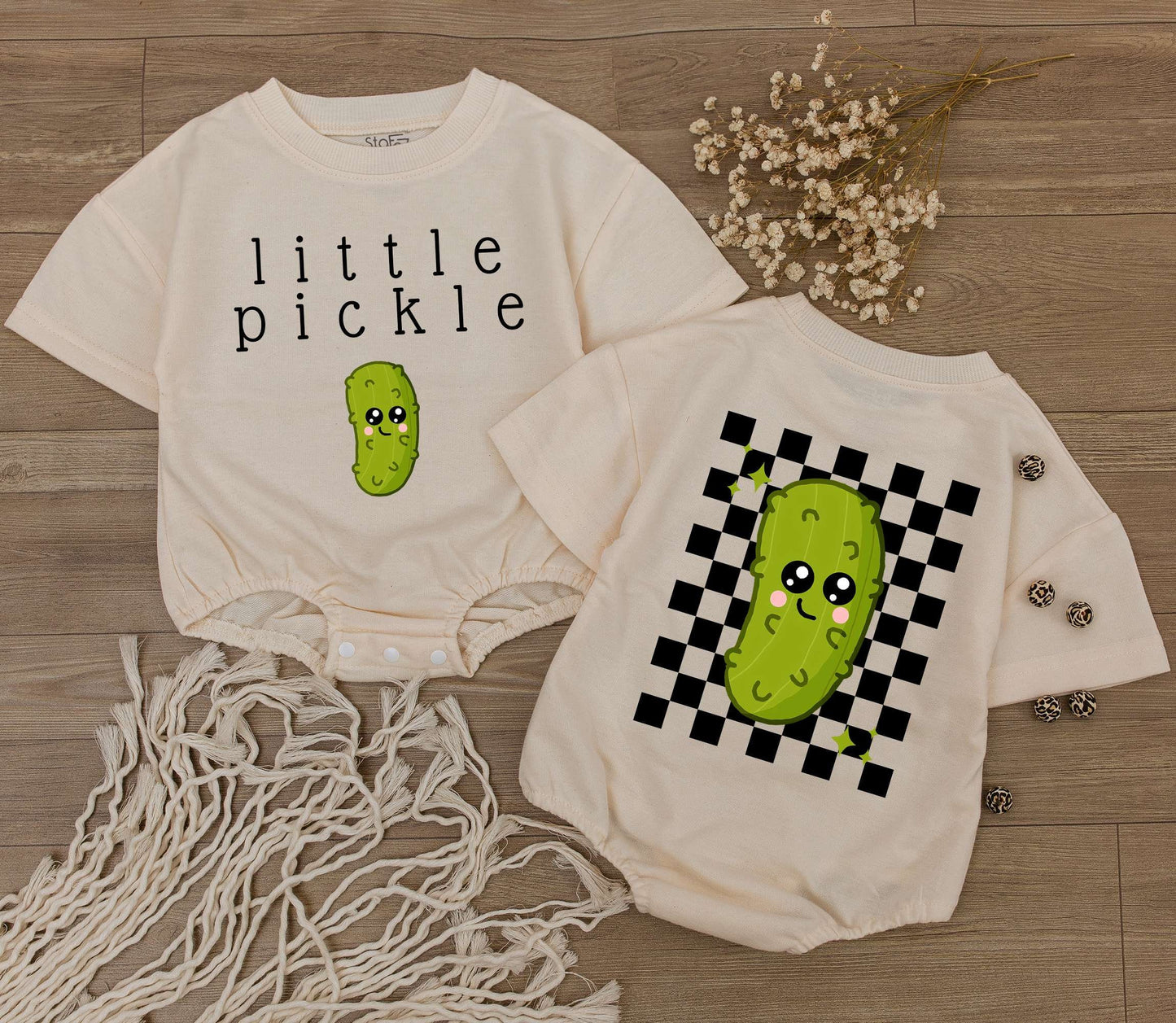 Cute Little Pickle Baby Bodysuit with Funny Green Cartoon Pickle Character and Checkered Star Design Playful Vegan Infant Jumpsuit Gift