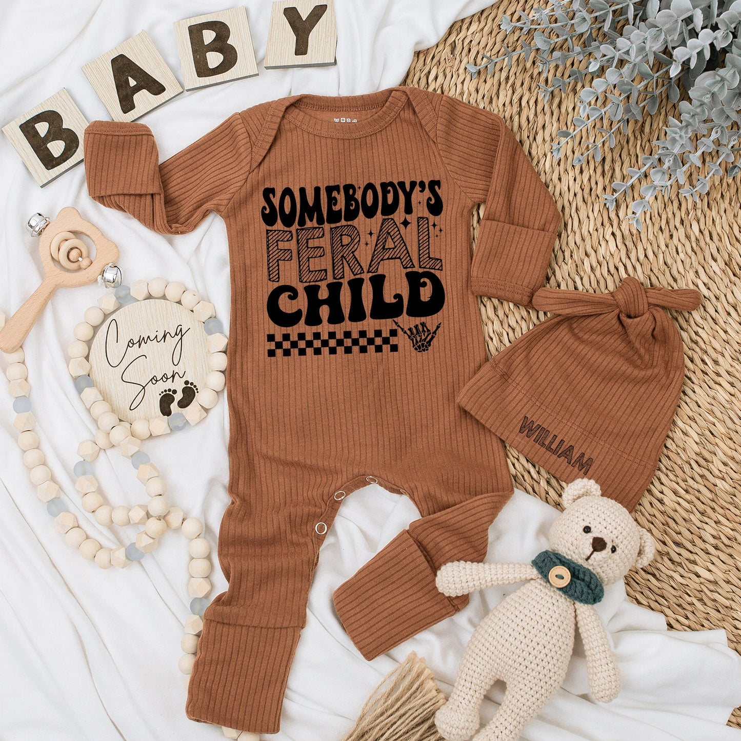 Somebody's Feral Child Baby Bodysuit and Hat Set Long Sleeve Newborn Gift Baby Shower Coming Home Outfit Black Checkered Skeleton Hand Design