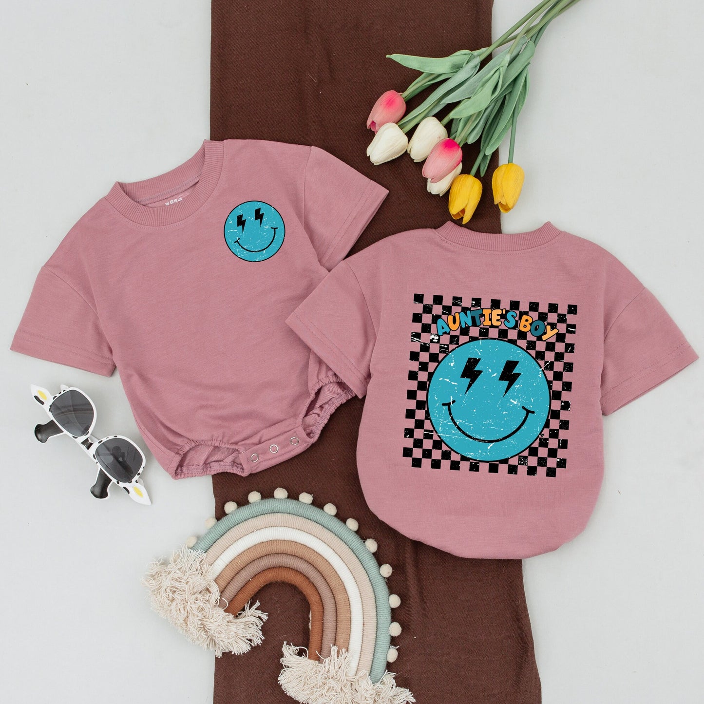 Personalized Retro Auntie's Boy Outfit Matching Auntie Nephew Shirt Turquoise Smiley Face Lightning Baby Romper Checkered Vintage Design Newborn Gift