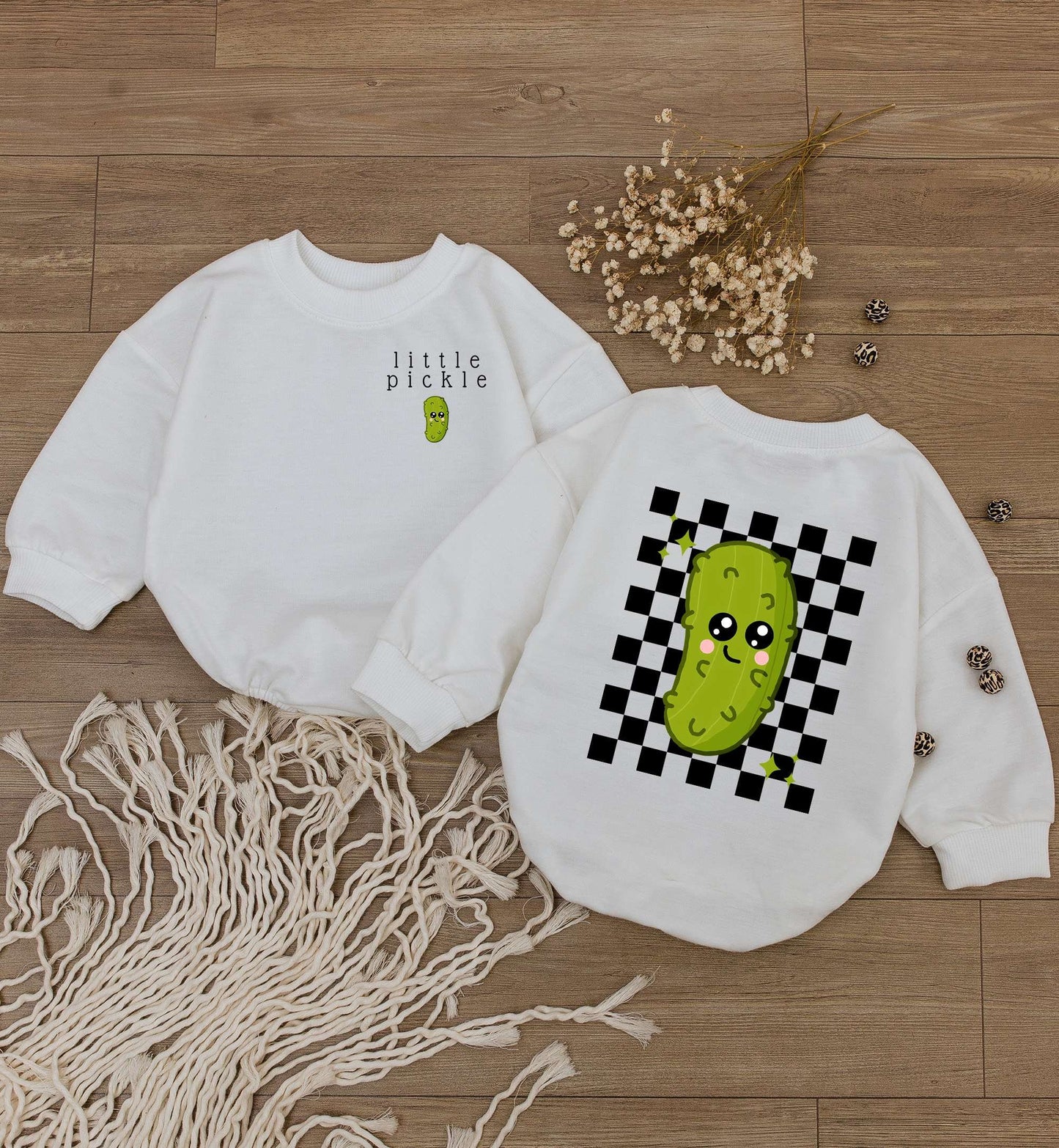 Adorable Kawaii Little Pickle Baby Romper Bodysuit Funny Jumpsuit One Piece Green Checkered Design Soft Comfortable Vegan Outfit