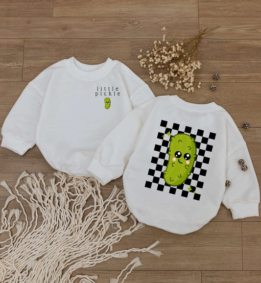 Adorable Kawaii Little Pickle Baby Romper Bodysuit Funny Jumpsuit One Piece Green Checkered Design Soft Comfortable Vegan Outfit