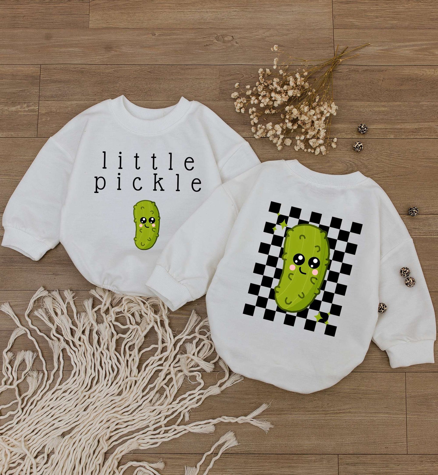 Cute Little Pickle Baby Romper Bodysuit featuring Smiling Green Cartoon Pickle and Checkerboard Design, Funny Infant Jumpsuit One Piece Vegan Gift