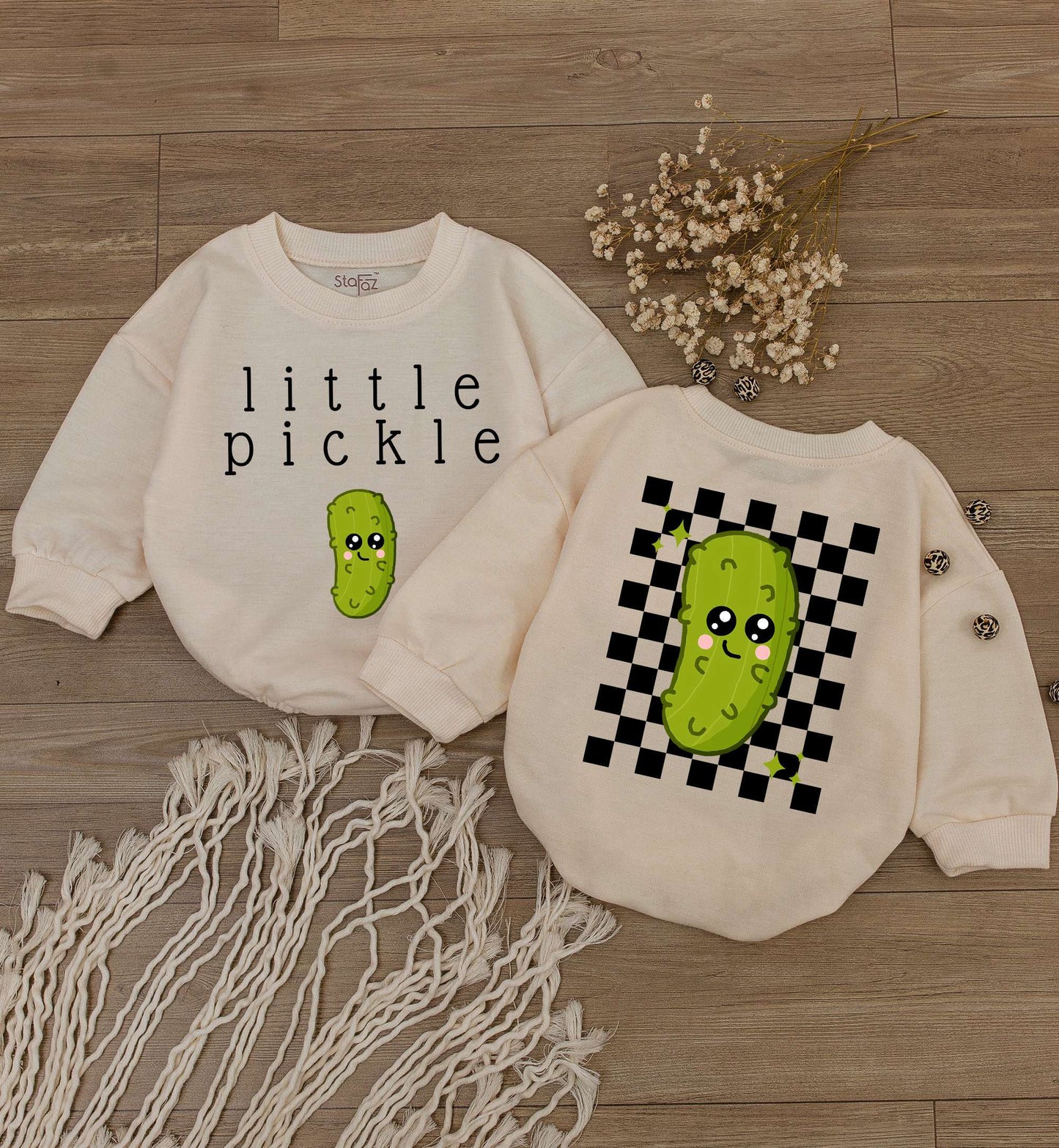 Cute Little Pickle Baby Romper Bodysuit featuring Smiling Green Cartoon Pickle and Checkerboard Design, Funny Infant Jumpsuit One Piece Vegan Gift