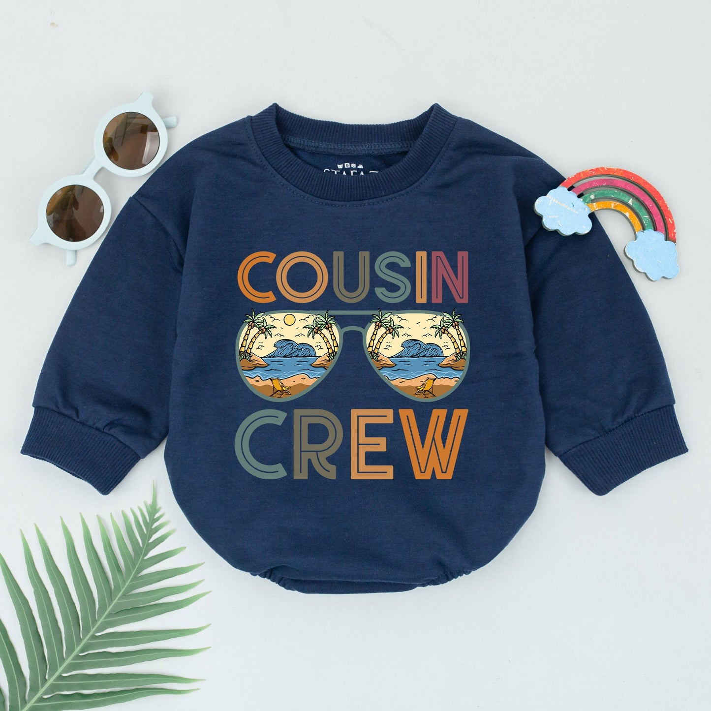 Cousin Crew Romper Retro Beach Sunglasses Baby Bodysuit Vacation Style Vintage Postcard Design Toddler Best Friends Matching Family Gift